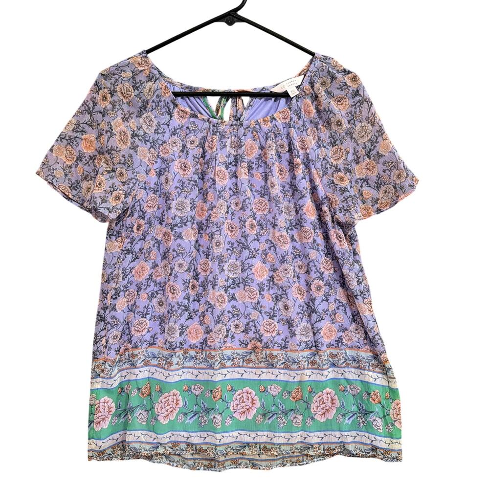 Lauren Conrad Womens Blouse Purple Floral Scoop Neck Short Sleeve Lined XS